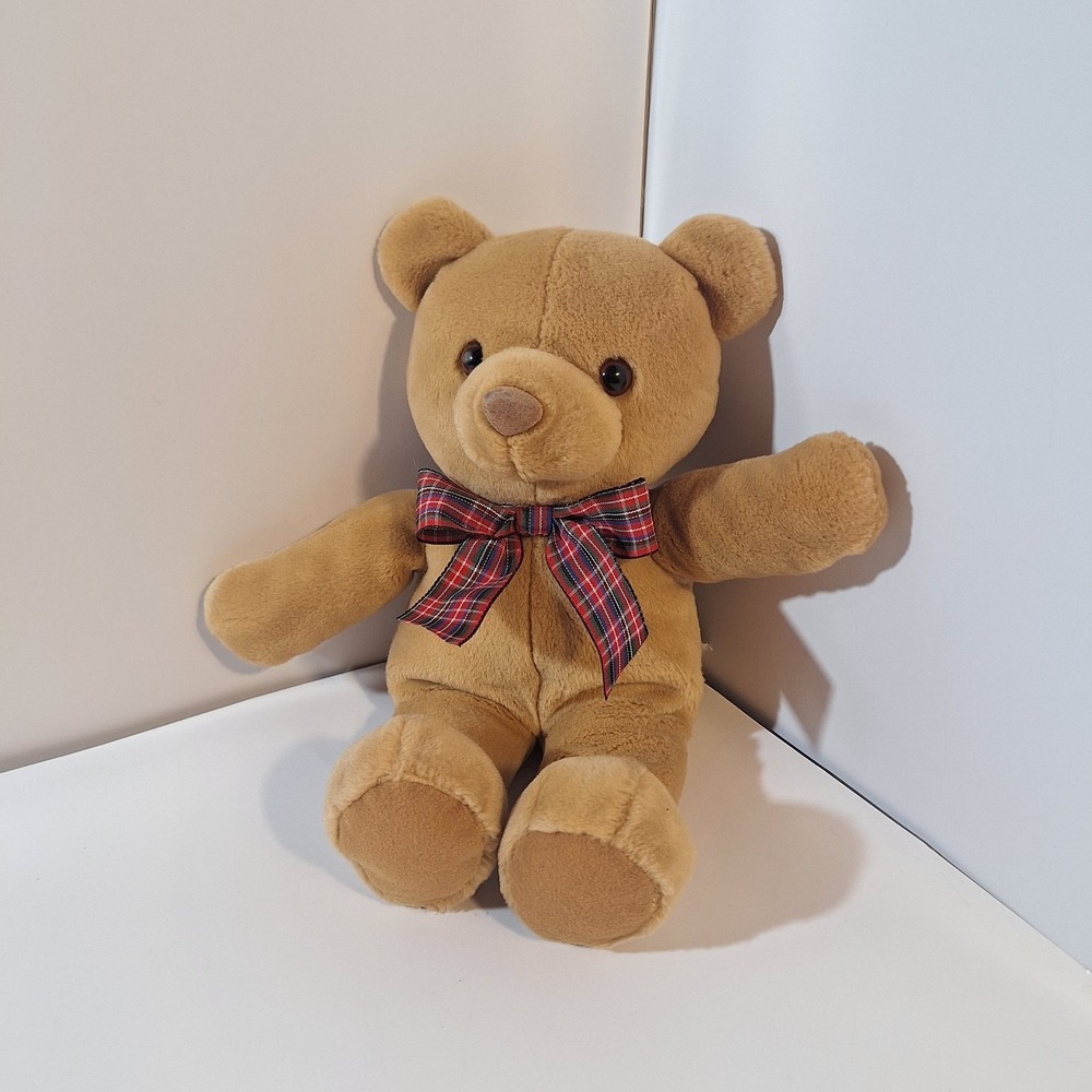 GUND Bo Bear Brown With Plaid Bow Ribbon Plush Stuffed Animal 12" Vintage #40813